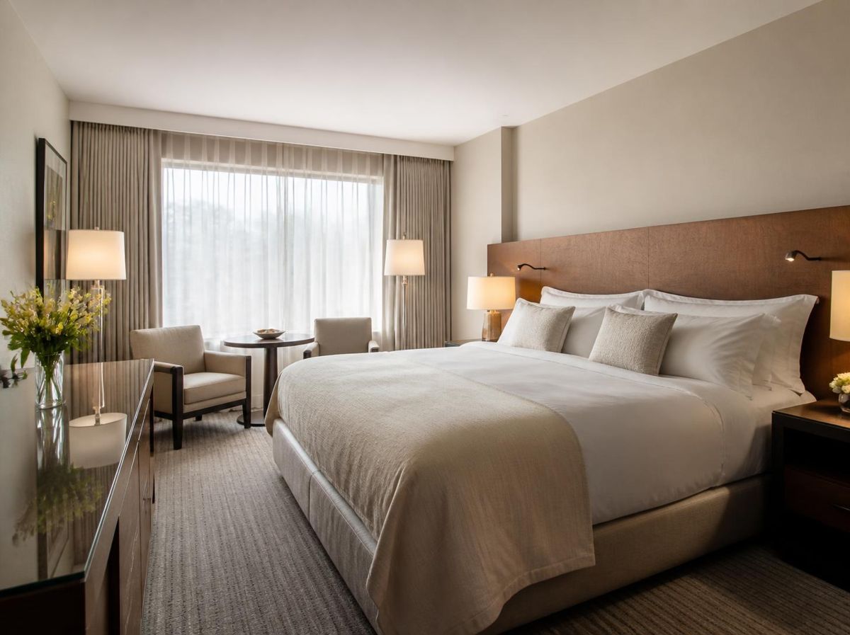 Quarto de hotel reformado com cabeceira em madeira