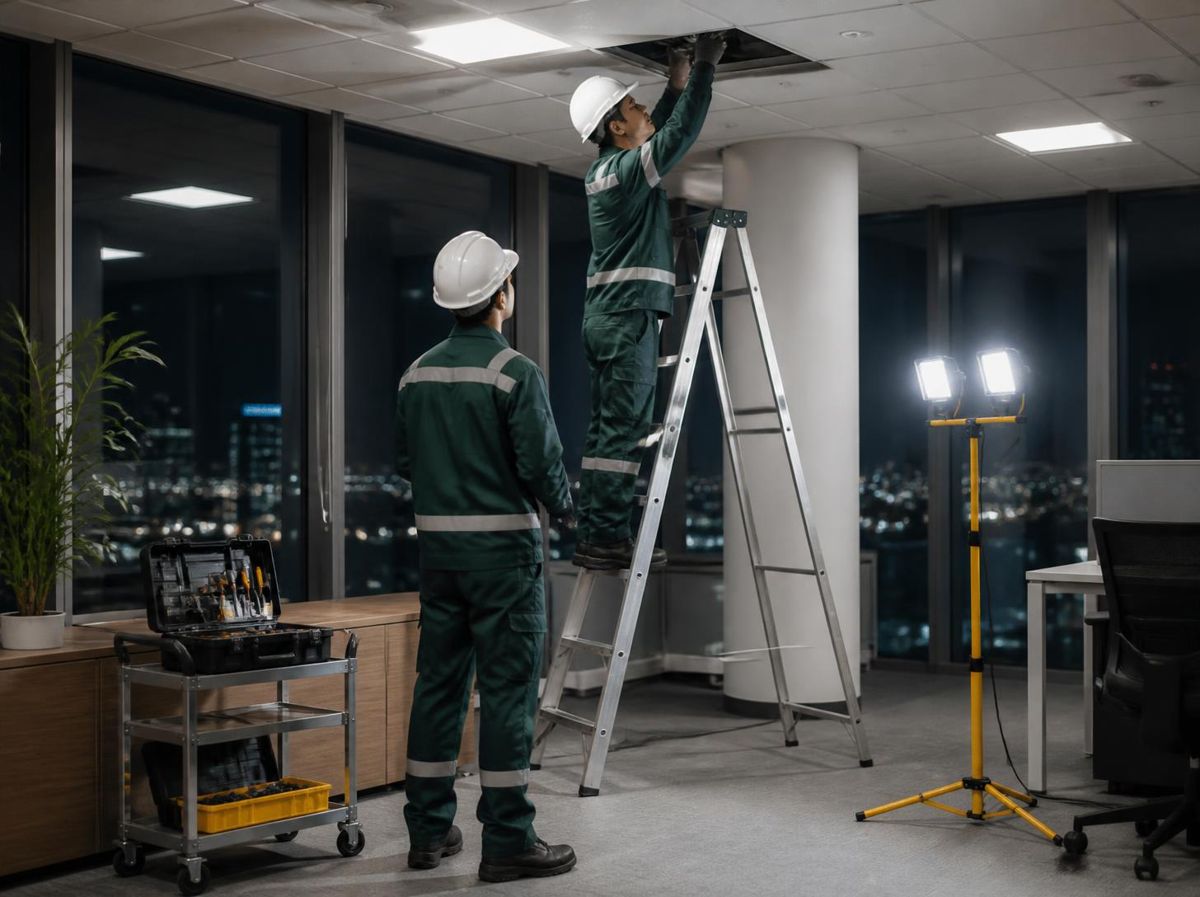 Técnicos fazendo manutenção de forro em escritório à noite